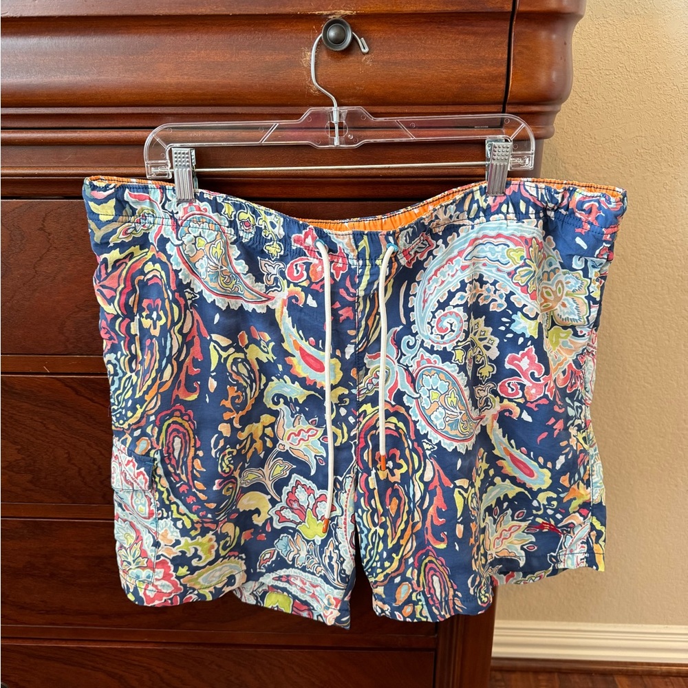Men's Navy Paisley Swim Trunks - Multicolor